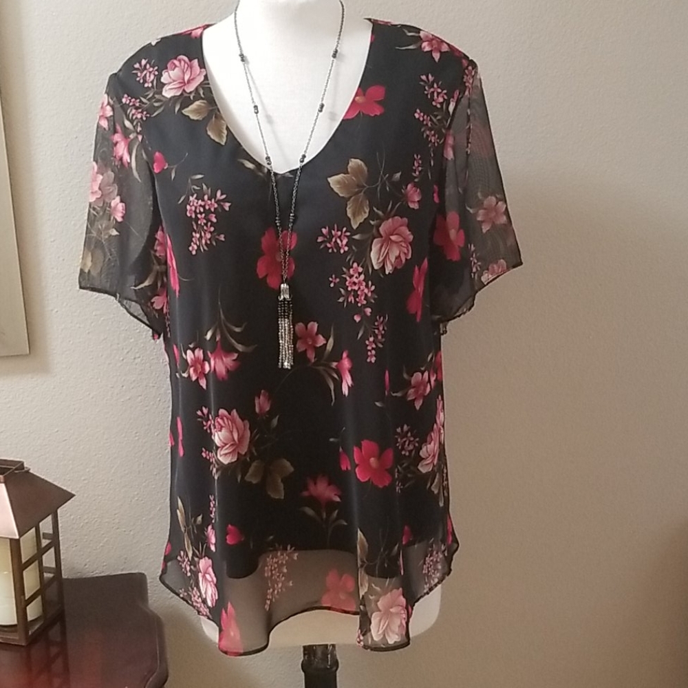J.B.S LTD Womens Plus Size 24W Floral Sheer Blouse